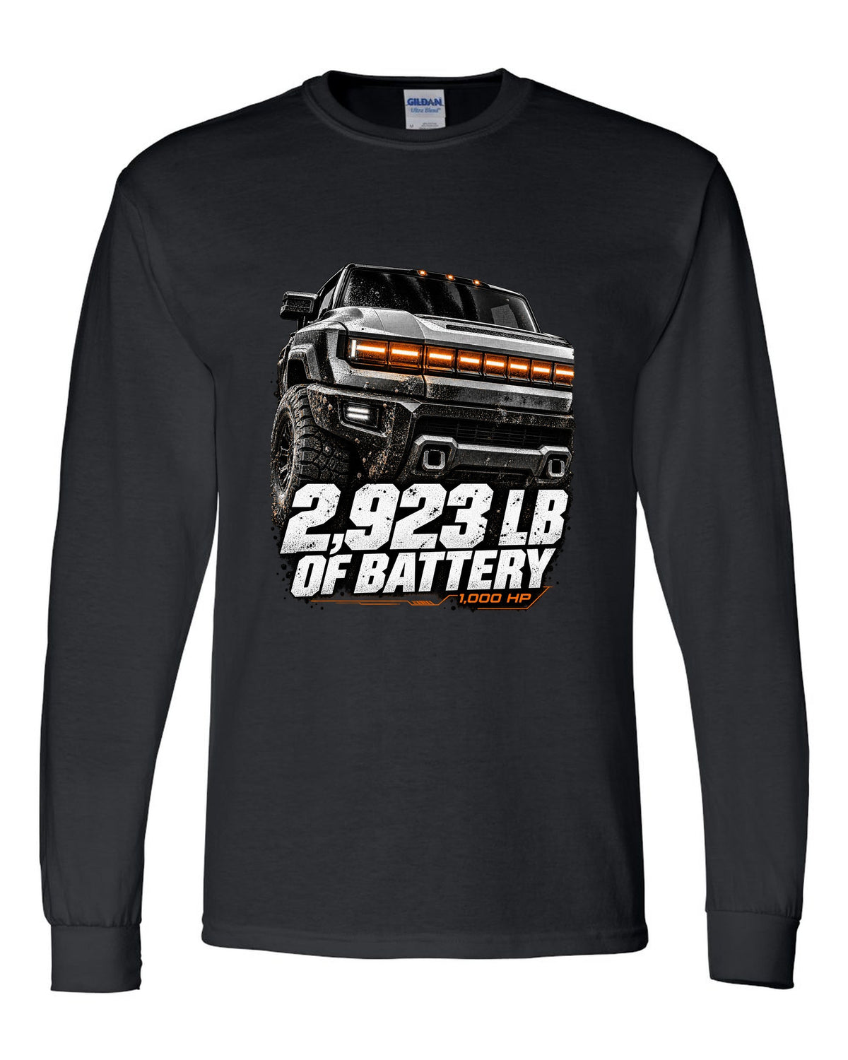 GMC Hummer EV pickup lit front panel macro with battery weight text black long sleeve front view with the design