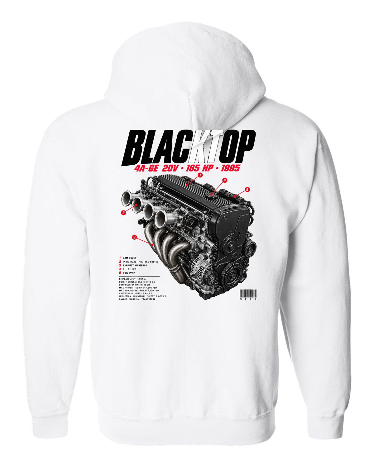 Engine bay hero print of the blacktop 4A-GE 20V in a Toyota Corolla Levin AE111 white zip hoodie back view with the design