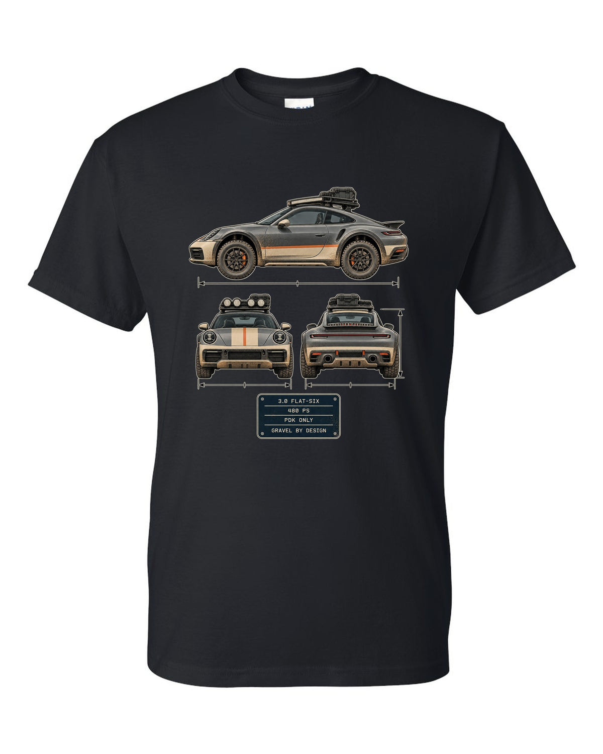 Three-view and spec table print of a Porsche 911 Dakar 992 black t-shirt front view with the design
