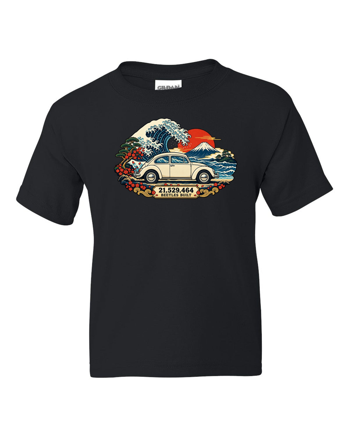 Ukiyo-e woodblock wave print of a VW Beetle Type 1 with 21,529,464 Beetles built text black kids tee front view with the design