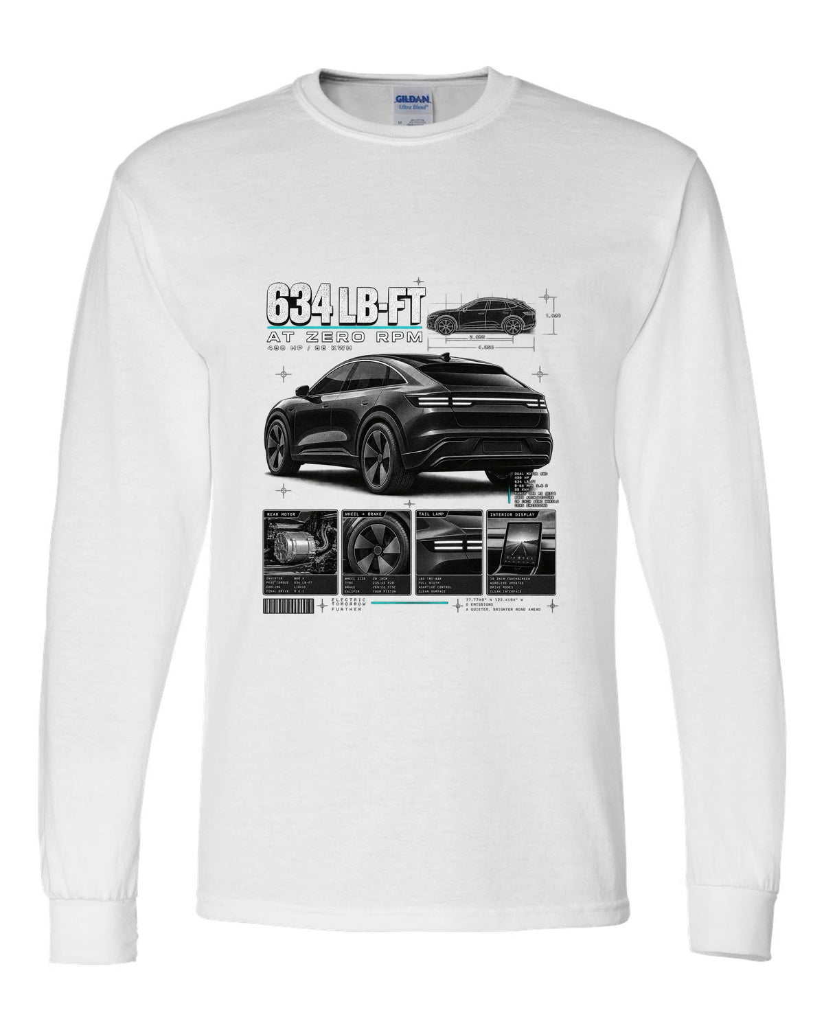 Ford Mustang Mach-E GT CX727 dossier panel print with 634 lb-ft at zero rpm white long sleeve front view with the design