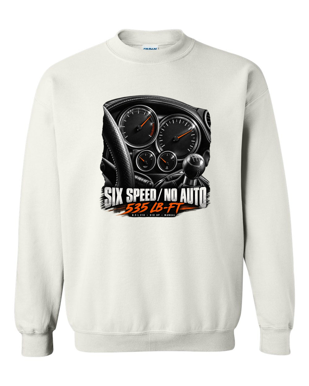 2006 Dodge Viper SRT-10 ZB I instrument gauge cluster print with six speed lettering white crewneck front view with the design