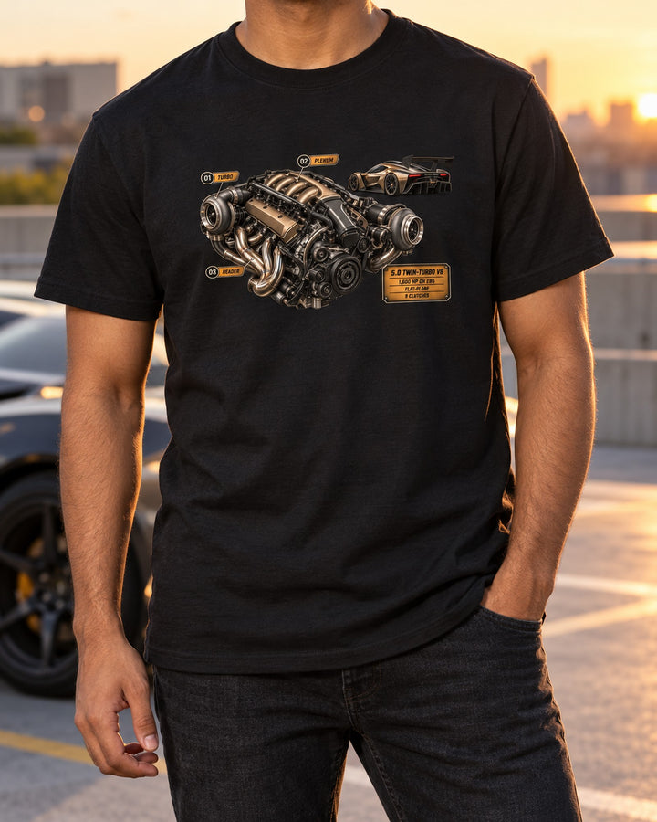 Koenigsegg Jesko Engine Hero print Shirt, Twin-Turbo V8 T-Shirt Black worn hero