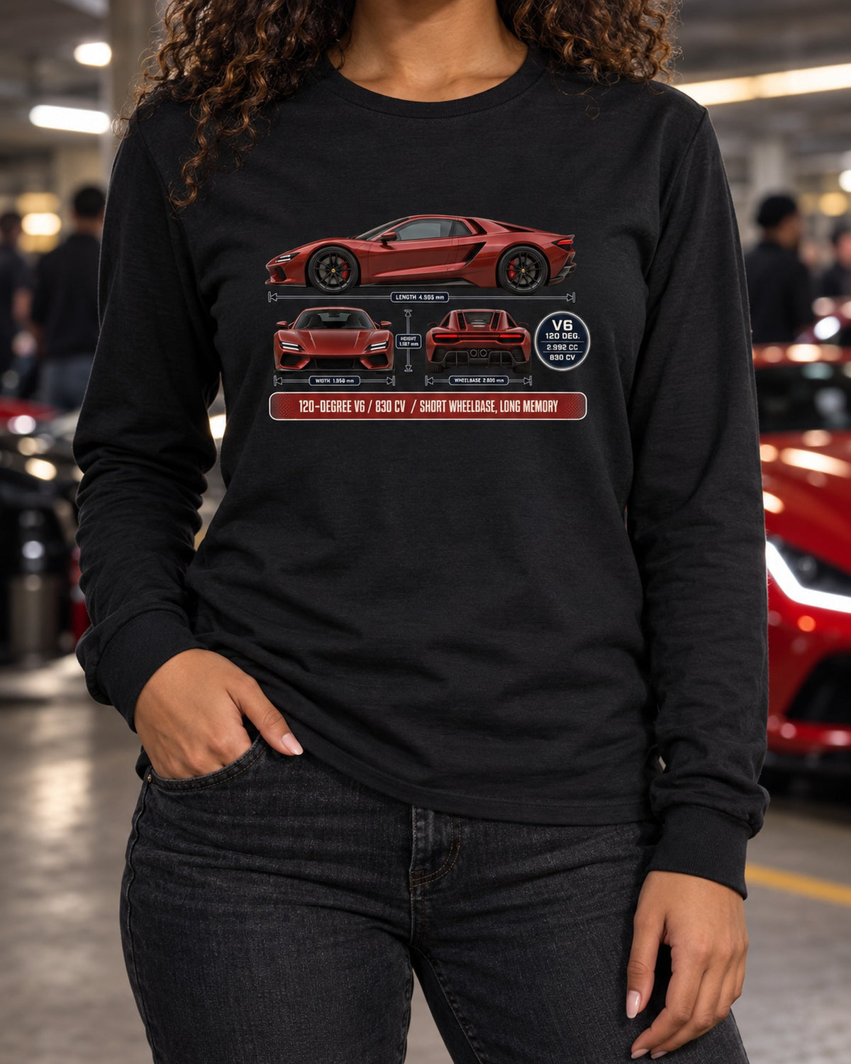 Ferrari 296 GTB Three-View Spec Table Tee, V6 Car Guy Shirt Long Sleeve Black worn hero