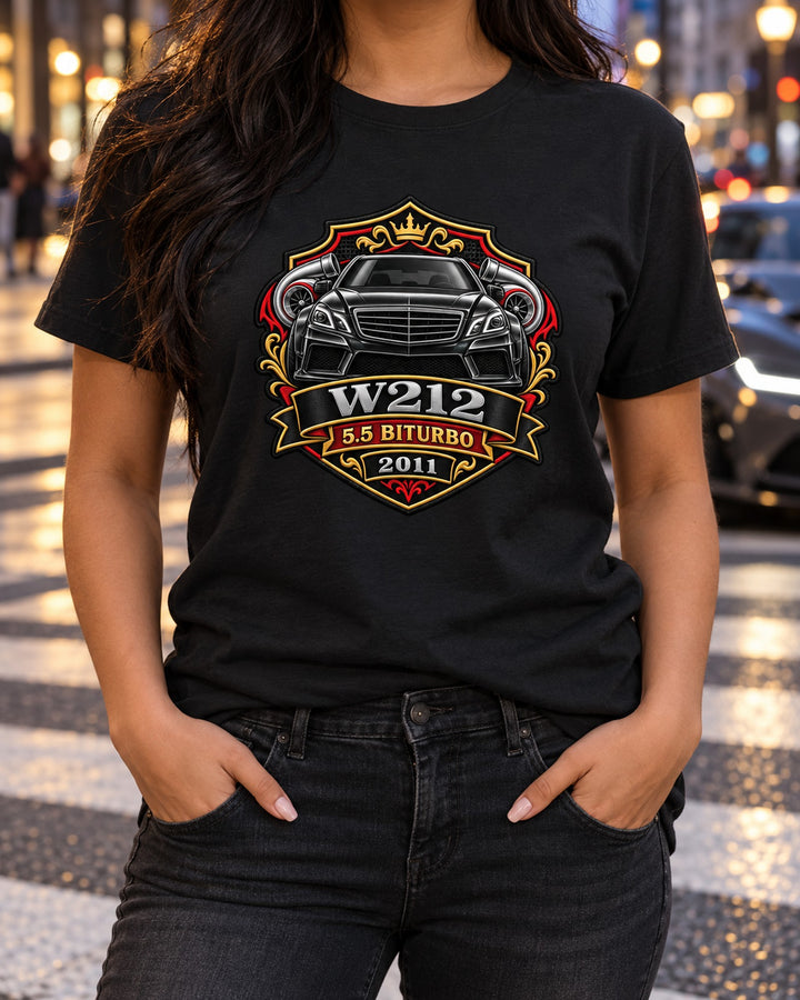 W212 E63 AMG 5.5 Biturbo 2011 Varsity Crest Car Shirt T-Shirt Black worn hero