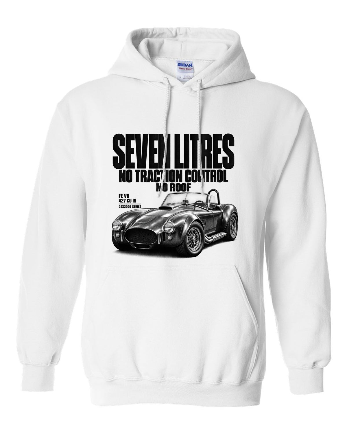 Shelby Cobra 427 Side-Oiler Halftone white pull over hoodie front view with the design
