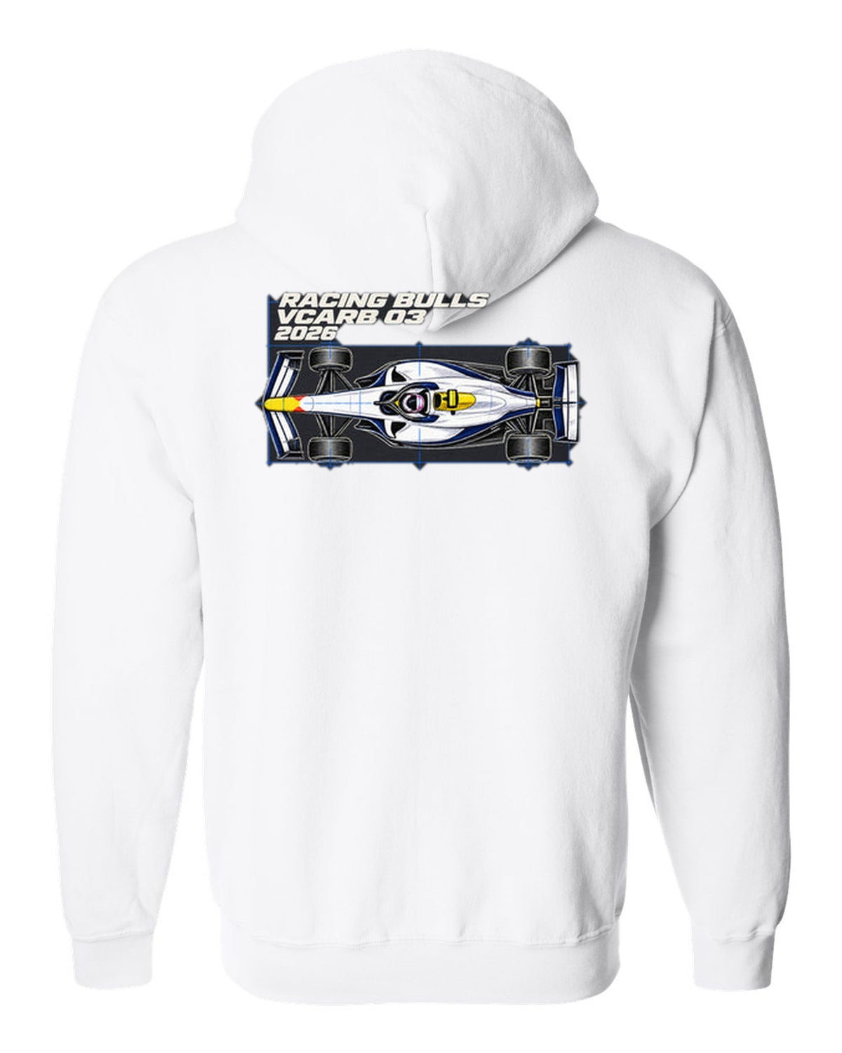 Racing Bulls VCARB 03 2026 F1 car technical poster artwork white zip hoodie back view with the design