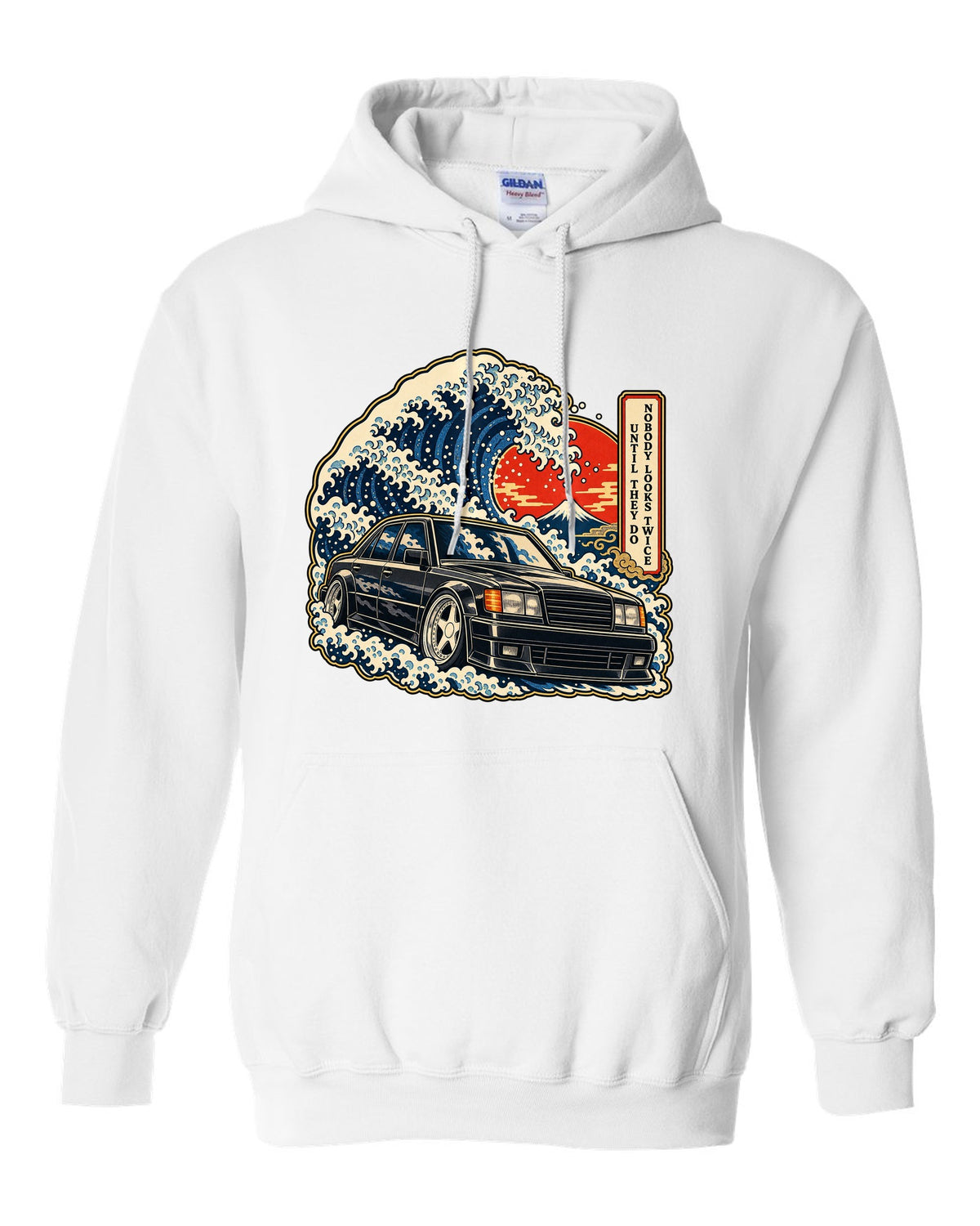 Ukiyo-e woodblock wave over a Mercedes 300E Hammer W124 with caption text white pull over hoodie front view with the design