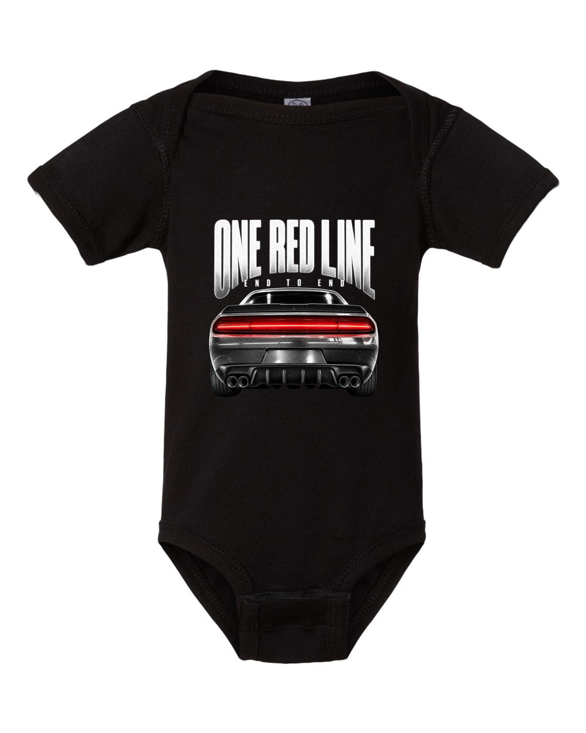 Taillight macro print of a 2015 Dodge Challenger Scat Pack with a single red line black baby onesie front view with the design