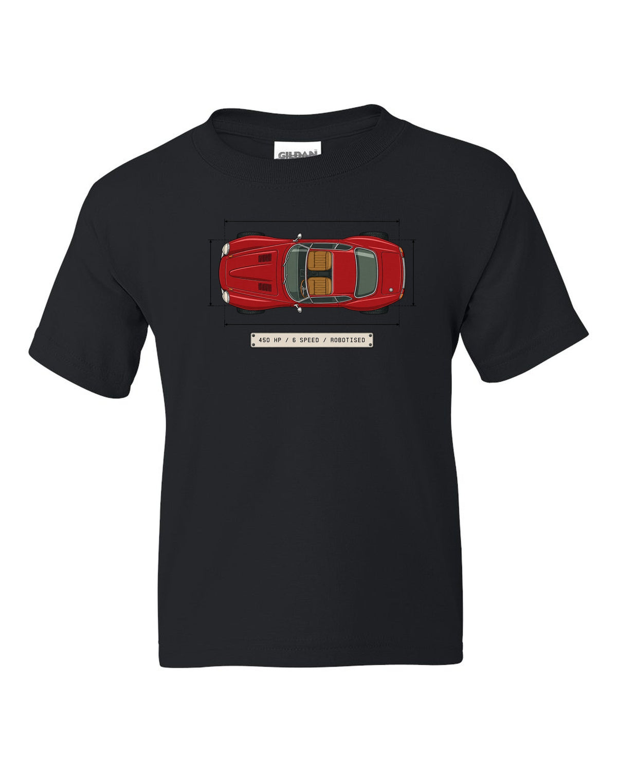 Spec sheet data plate for an Alfa Romeo 8C Competizione with 450 HP 6 speed robotised black kids tee front view with the design