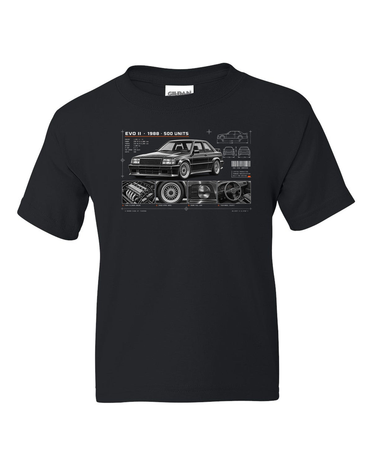 BMW E30 M3 Evo II 1988 dossier panel print with 500 units text black kids tee front view with the design