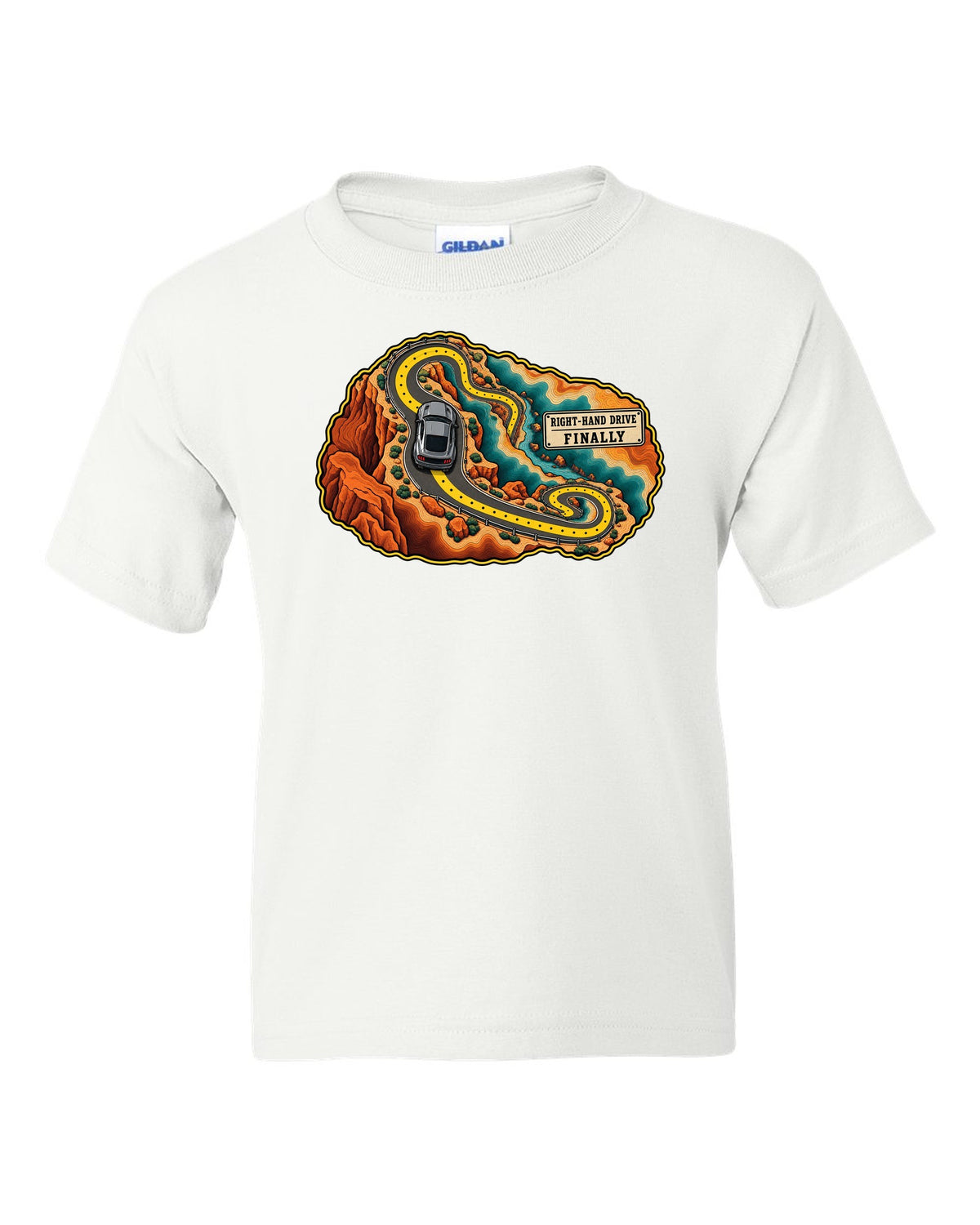 Topographic canyon route map with an S550 Ford Mustang fastback white kids tee front view with the design