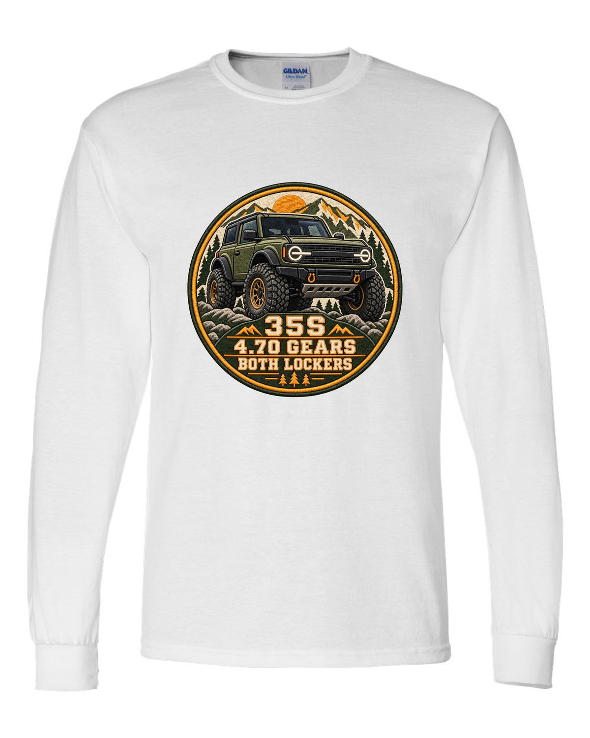 Round seal print for a 2021 Ford Bronco 6G Sasquatch package with 35s and lockers text white long sleeve front view with the design