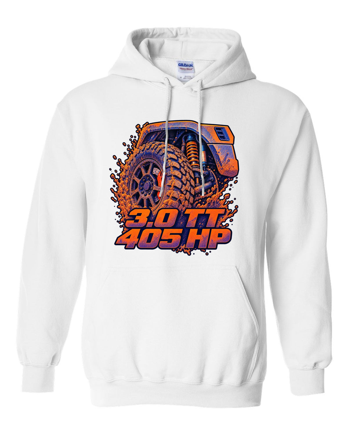 Ford Ranger Raptor P703 wheel and brake in a risograph style print white pull over hoodie front view with the design