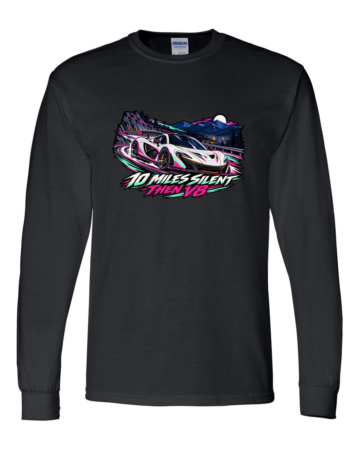 Cel-shaded anime night touge print of a McLaren P1 with 10 Miles Silent Then V8 lettering black long sleeve front view with the design