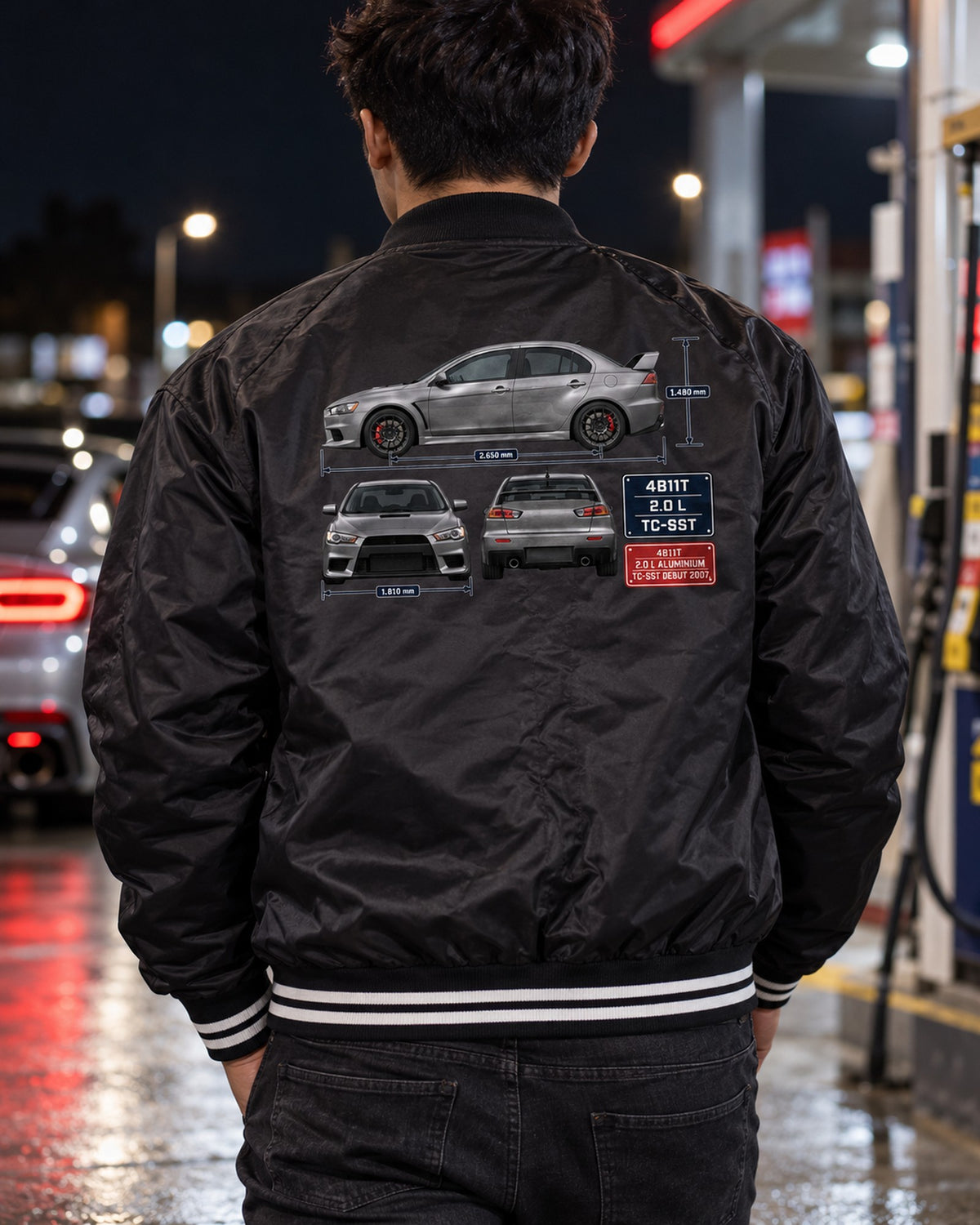 Evo X GSR Three-View Spec Table Tee, Mitsubishi Lancer Bomber Jacket Black worn hero