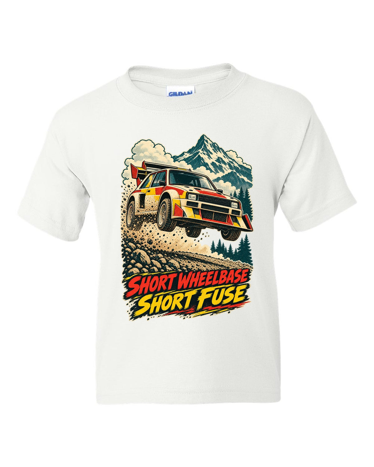 Vintage race-poster lithograph print of a 1985 Audi Sport Quattro S1 E2 with Short Fuse lettering white kids tee front view with the design