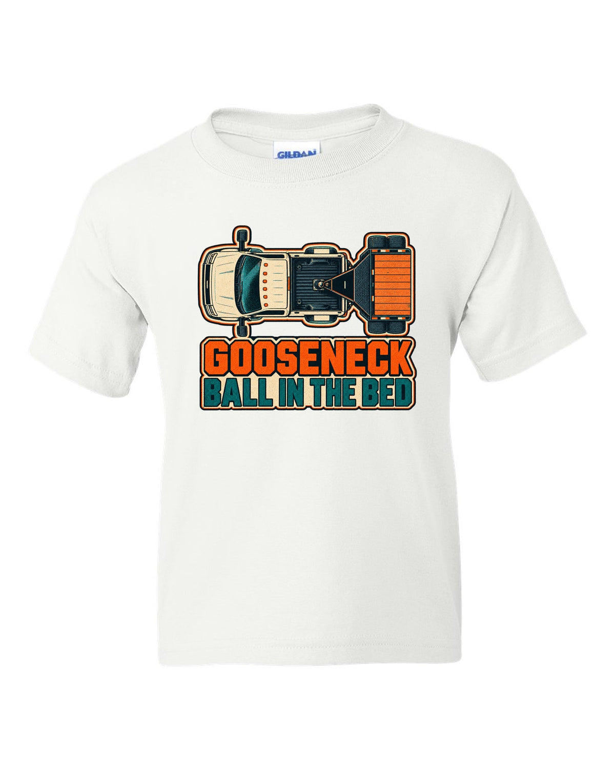 Top-down risograph print of a 2019-2024 Ram HD 3500 long bed with gooseneck ball in the bed text white kids tee front view with the design