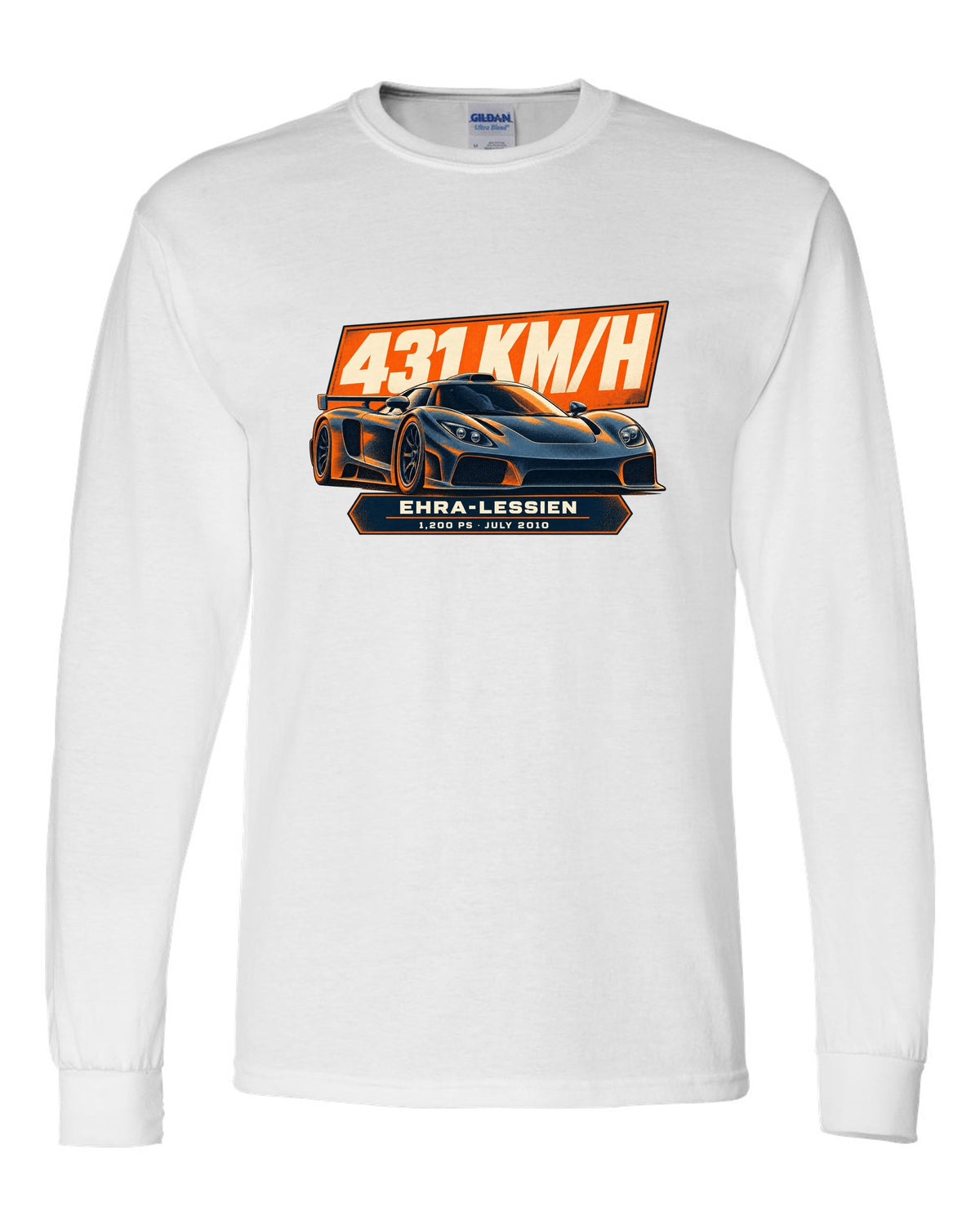 Halftone poster-style Bugatti Veyron 16.4 Super Sport with record-run text on the front of a tee white long sleeve front view with the design