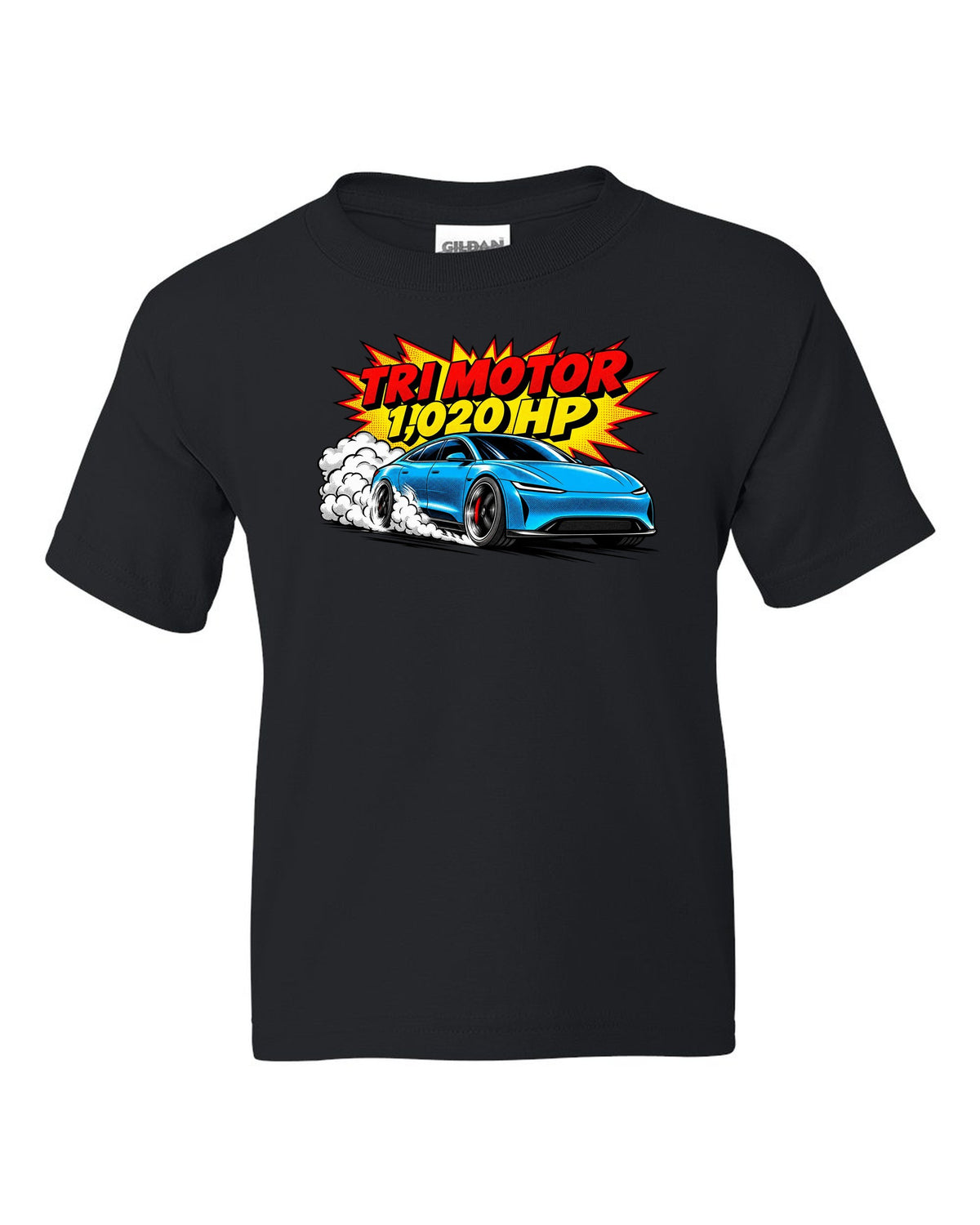 Comic halftone pop-art of a 2021 Tesla Model S Plaid with the words Tri Motor 1,020 HP black kids tee front view with the design