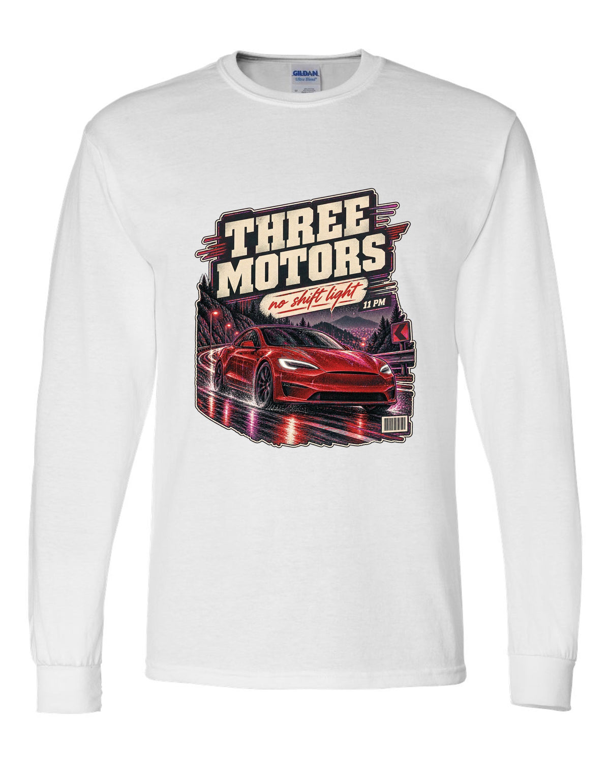 Night street print of a Tesla Model S Plaid on a wet road white long sleeve front view with the design
