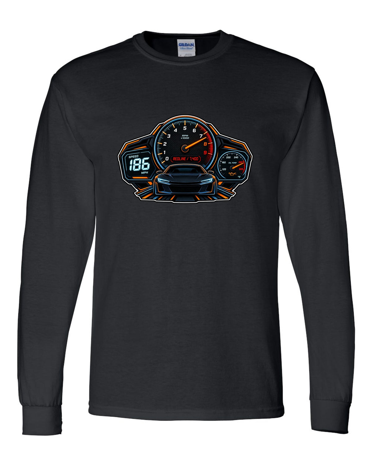 Gauge cluster HUD illustration for a Toyota GR86 ZN8 with Redline 7,400 lettering black long sleeve front view with the design