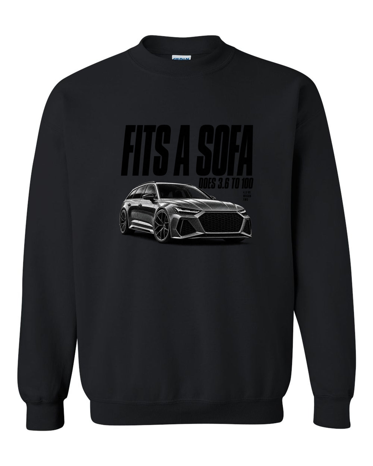 Halftone print of an Audi RS6 Avant C8 front three-quarter with Fits A Sofa caption black crewneck front view with the design