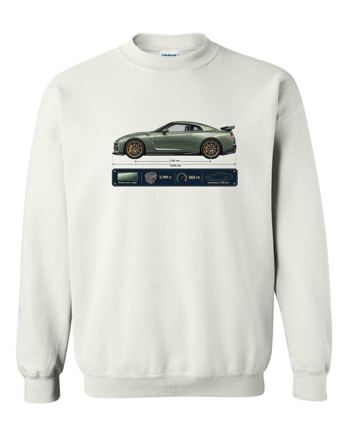 Nissan GT-R R35 T-spec Millennium Jade blueprint print white crewneck front view with the design