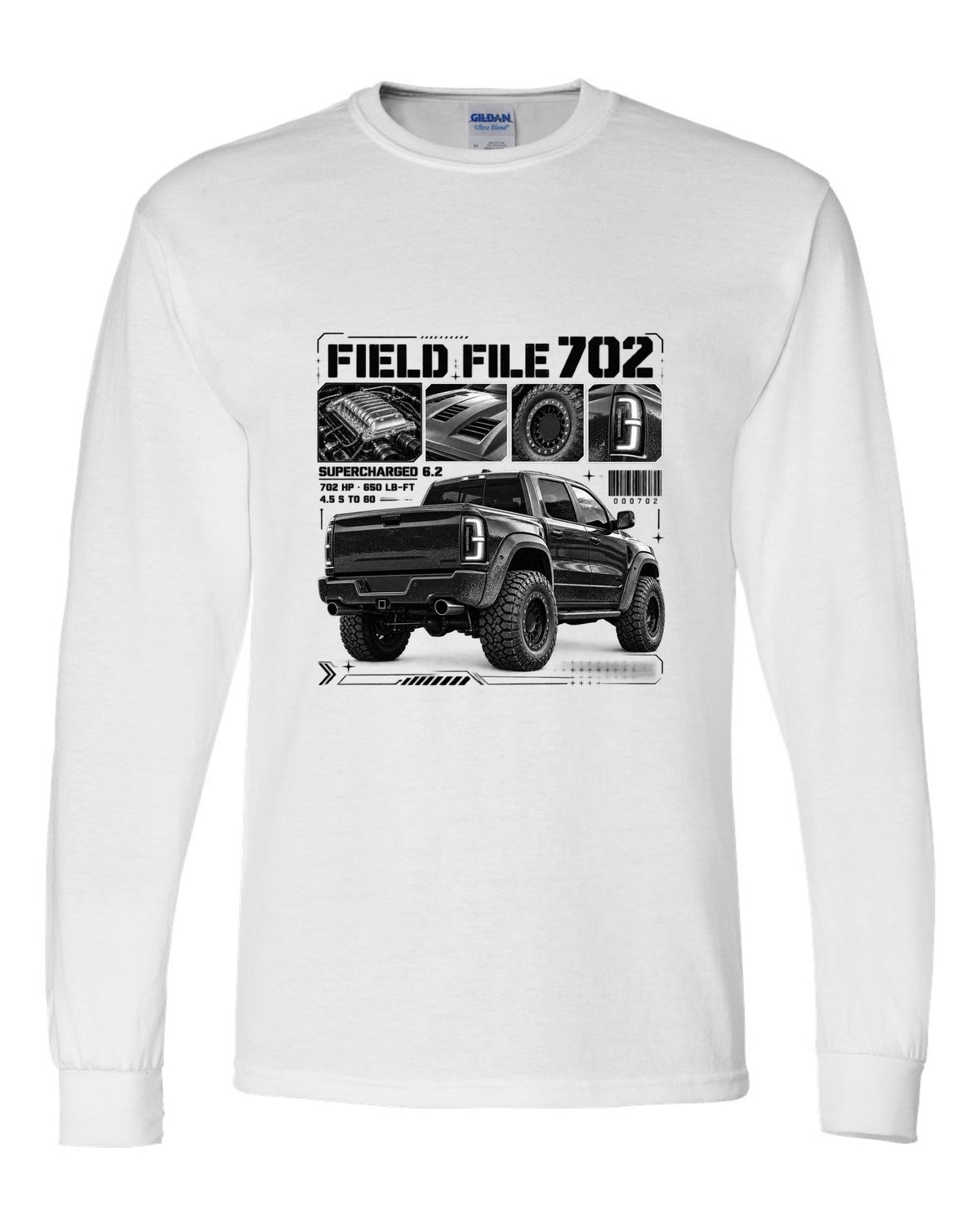 Dossier panels of a 2021-2024 Ram 1500 TRX with Field File 702, supercharged 6.2, 4.5 s to 60 white long sleeve front view with the design