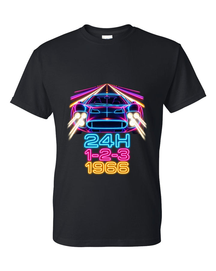 Neon long-exposure light trail print of a 1966 Ford GT40 Mk II with 24H 1-2-3 lettering black t-shirt front view with the design