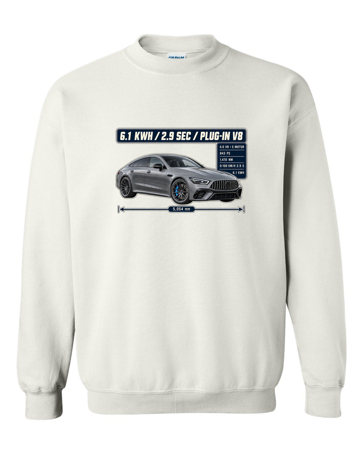 Mercedes-AMG GT 63 S E Performance spec poster design with electric-blue accent white crewneck front view with the design