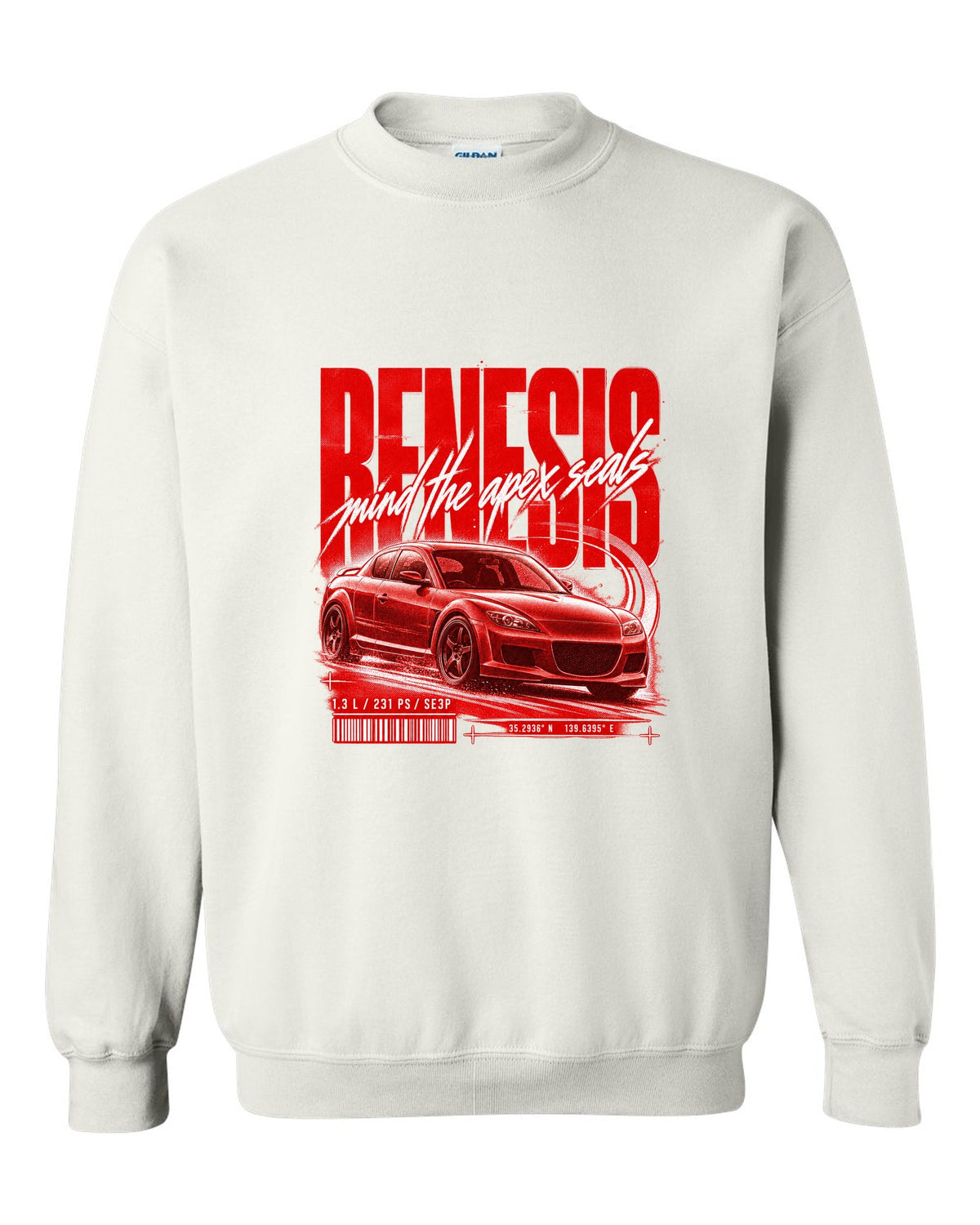 Street poster print of a Mazda RX-8 SE3P Series 1 with Renesis lettering white crewneck front view with the design