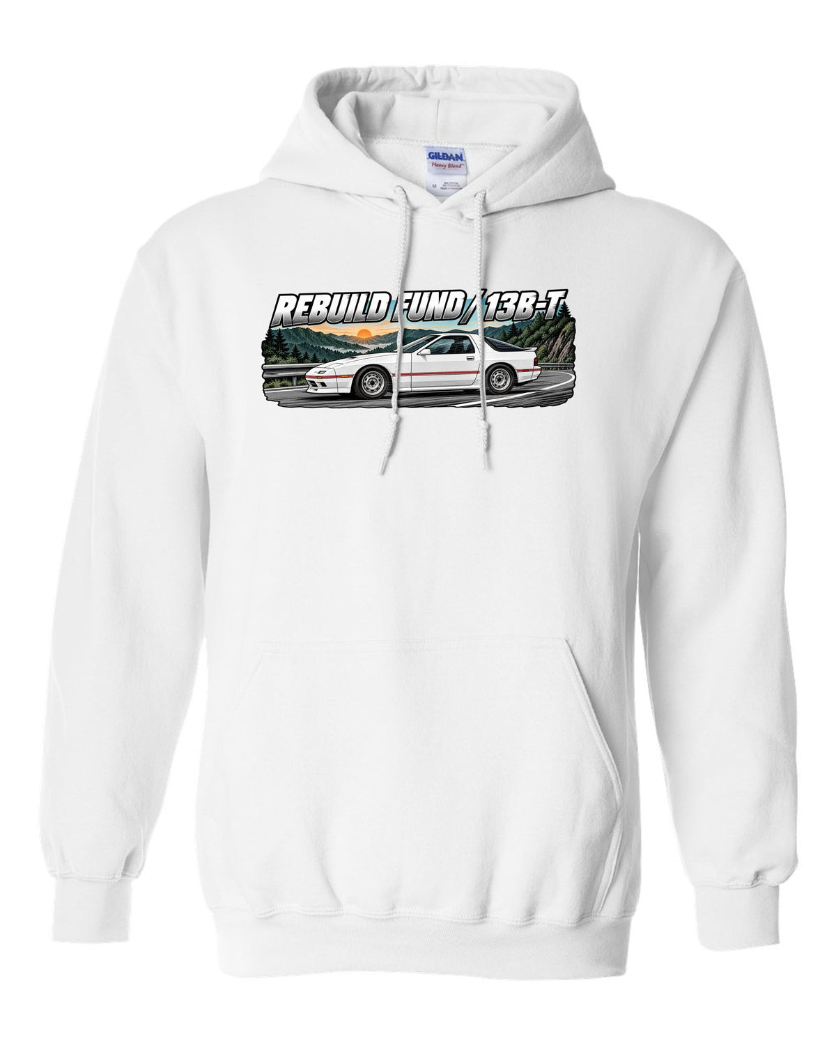 Retro manga ink and screentone illustration of a Mazda RX-7 FC3S white pull over hoodie front view with the design