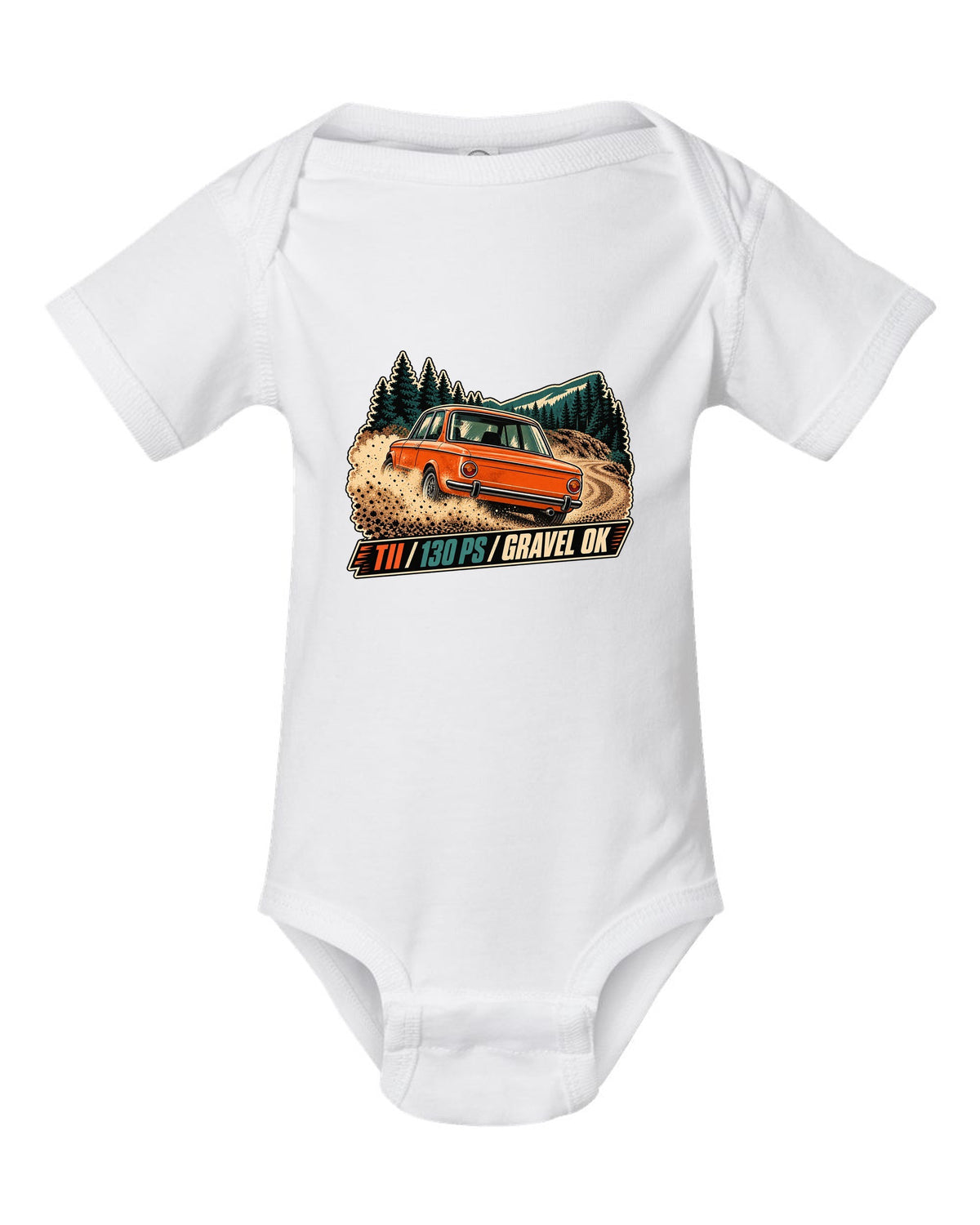BMW 2002 tii vintage hillclimb race poster print with 130 PS text white baby onesie front view with the design