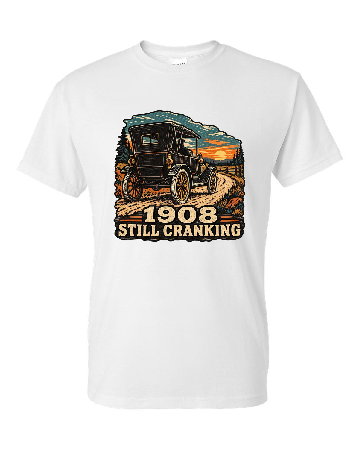 Multi-colour woodcut illustration of a Ford Model T Tin Lizzie with 1908 still cranking text white t-shirt front view with the design