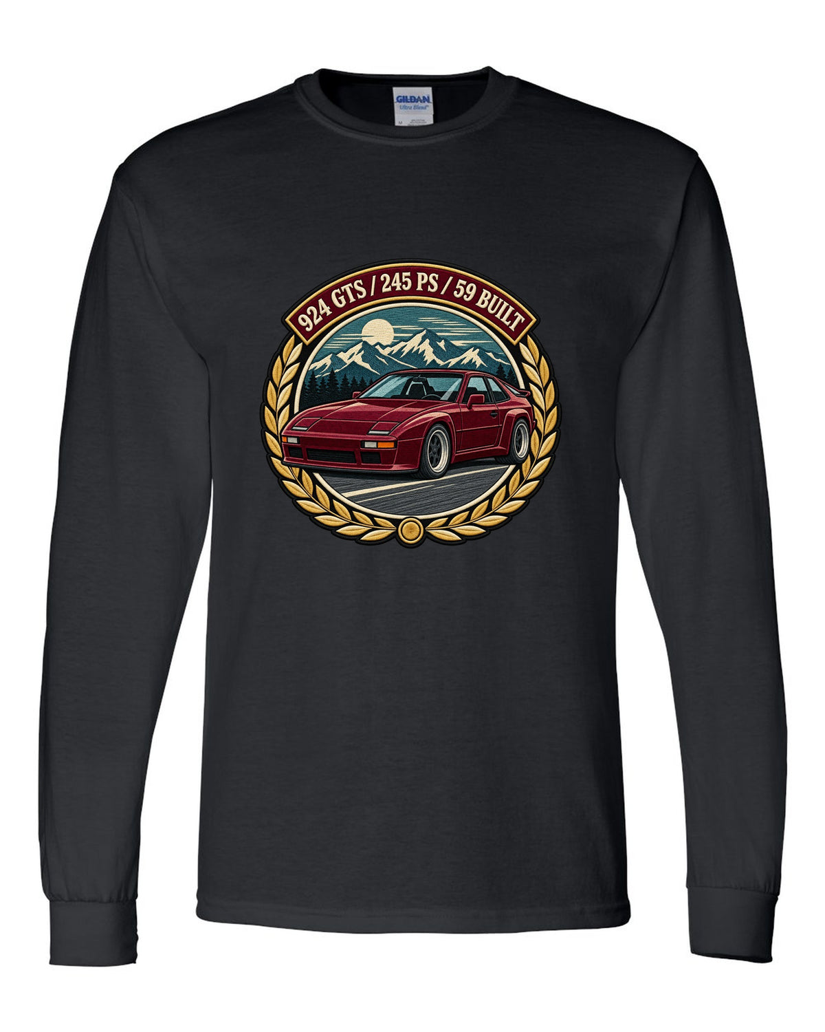 Embroidery-style racing crest for the Porsche 924 GTS with 245 PS and 59 built lettering black long sleeve front view with the design