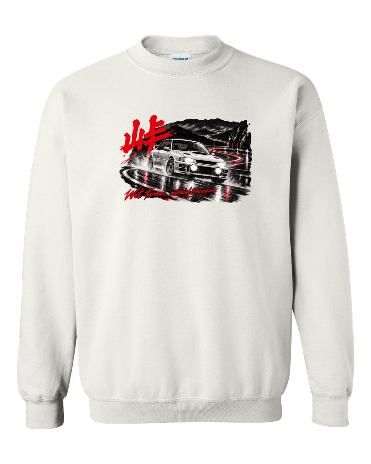 Subaru Impreza WRX GC8 coupe on a wet mountain hairpin at night with touge kanji white crewneck front view with the design