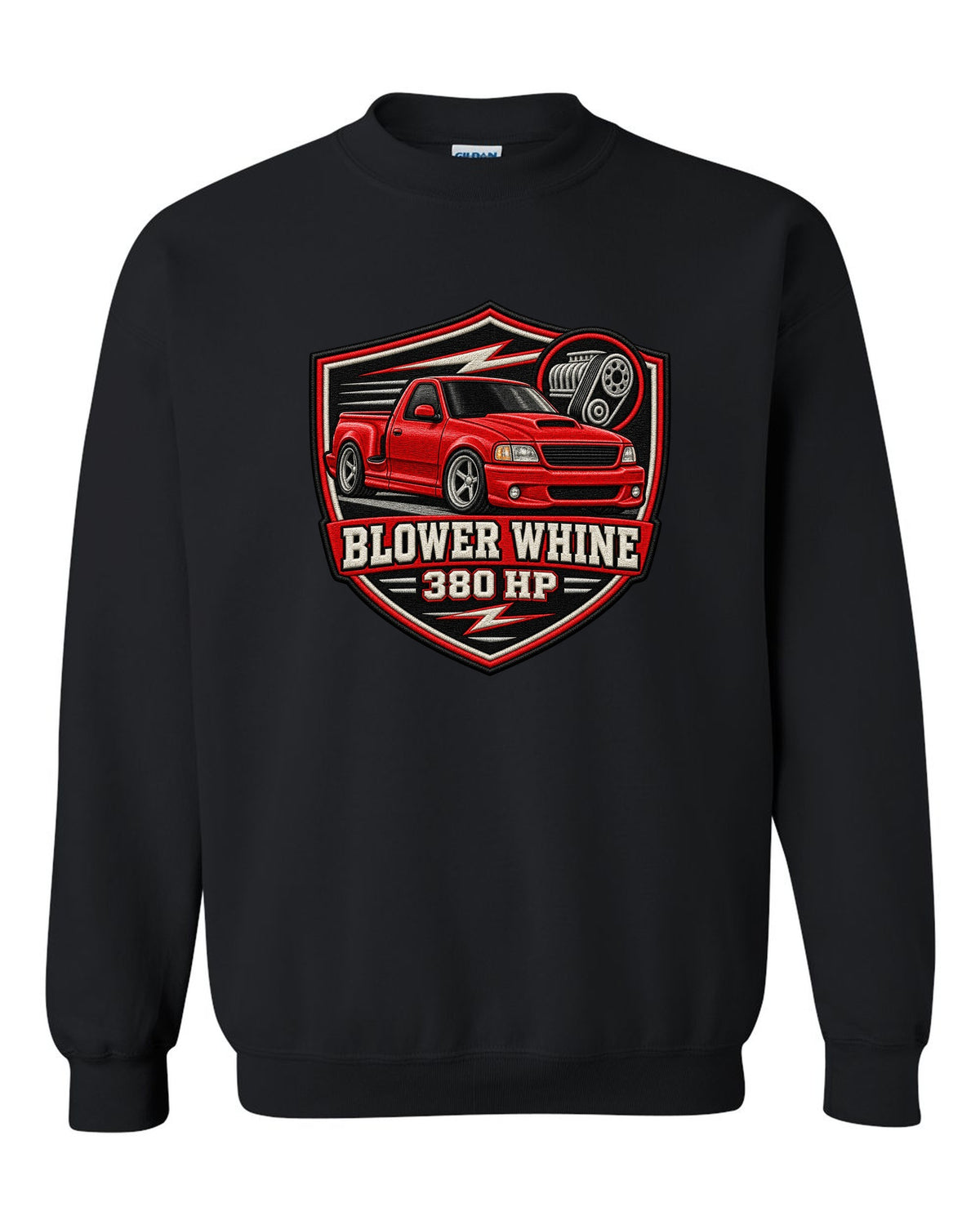 Ford F-150 SVT Lightning 1999-2004 in an embroidered varsity crest print black crewneck front view with the design