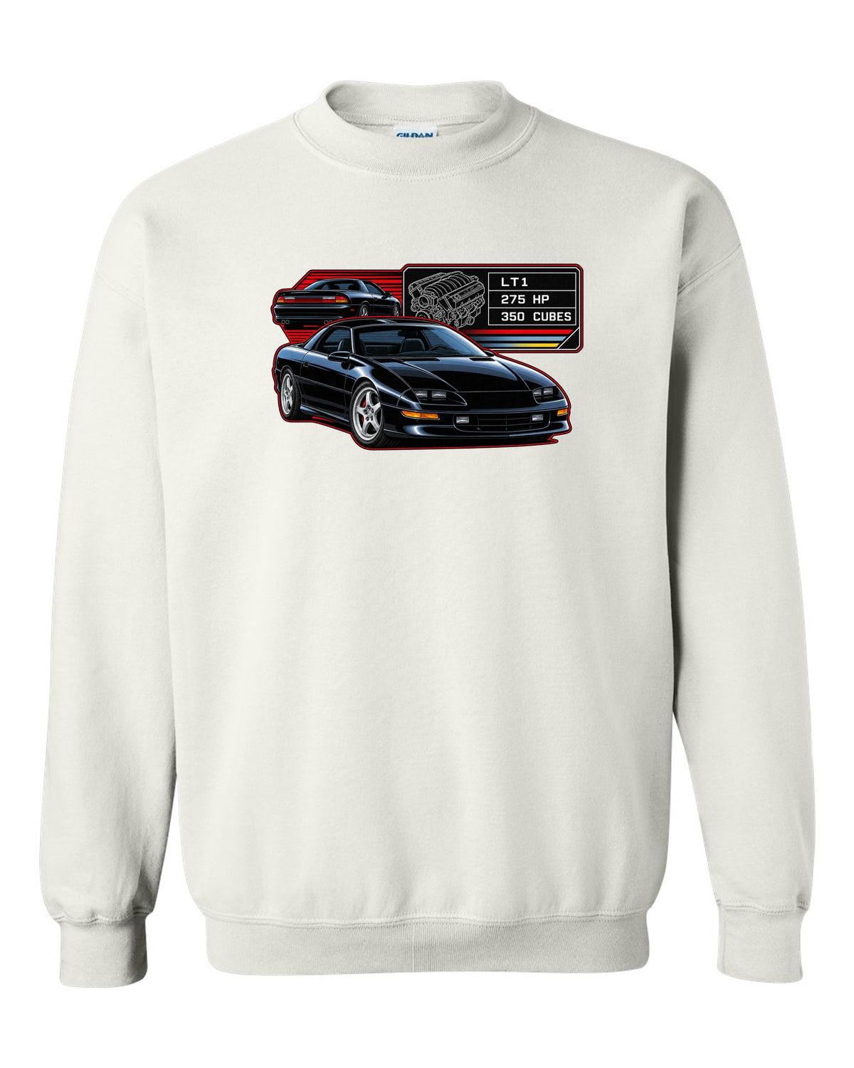 1993 Camaro Z28 fourth-generation spec plate design with the text LT1 275 HP 350 Cubes white crewneck front view with the design