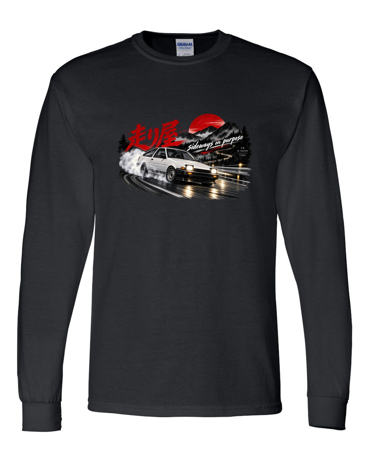 VW Golf Mk2 16V front three-quarter sliding at night with touge kanji black long sleeve front view with the design