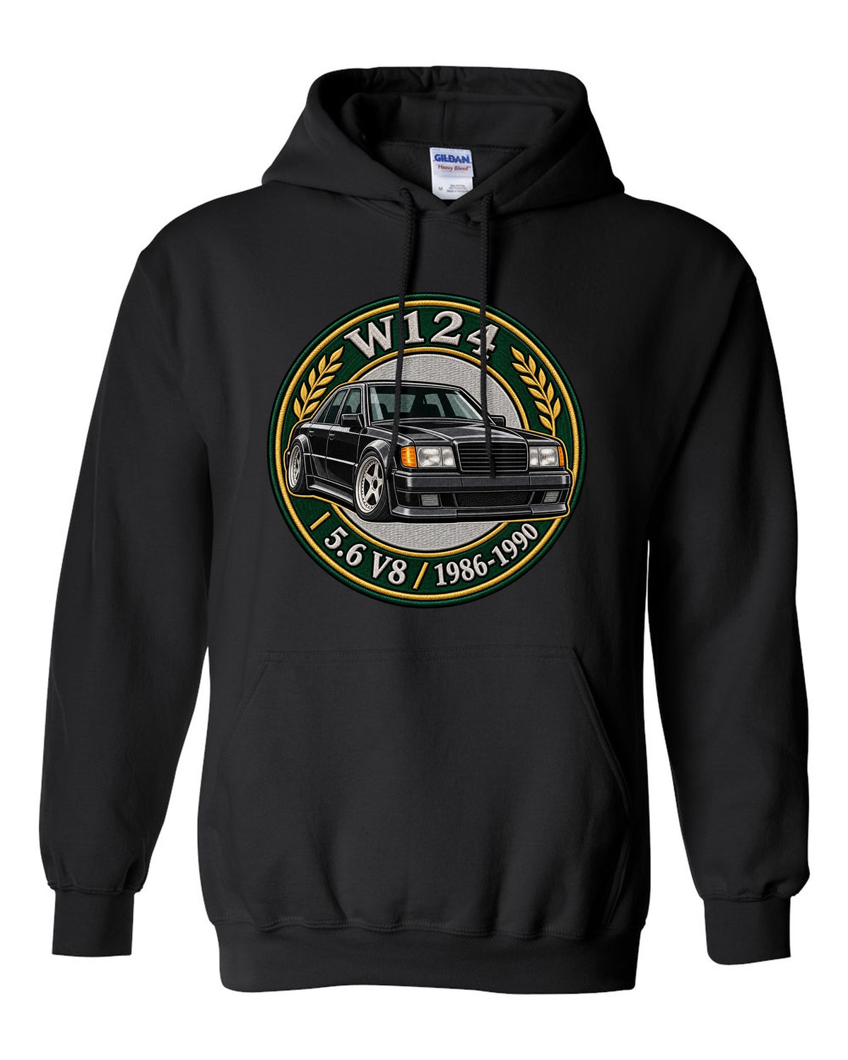 Stencil spray street art of a Mercedes 300E Hammer W124 with the word SLEEPER black pull over hoodie front view with the design