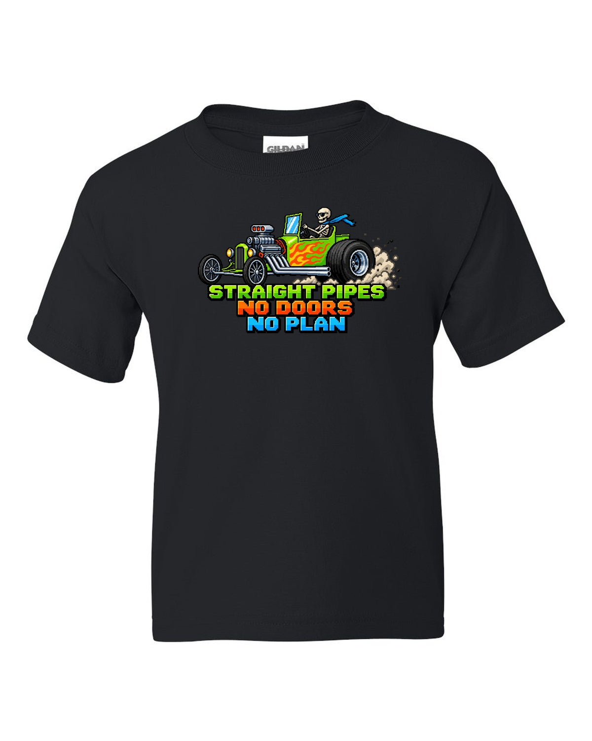 8/16-bit pixel art print of a Ford T-bucket hot rod with Straight Pipes No Doors lettering black kids tee front view with the design