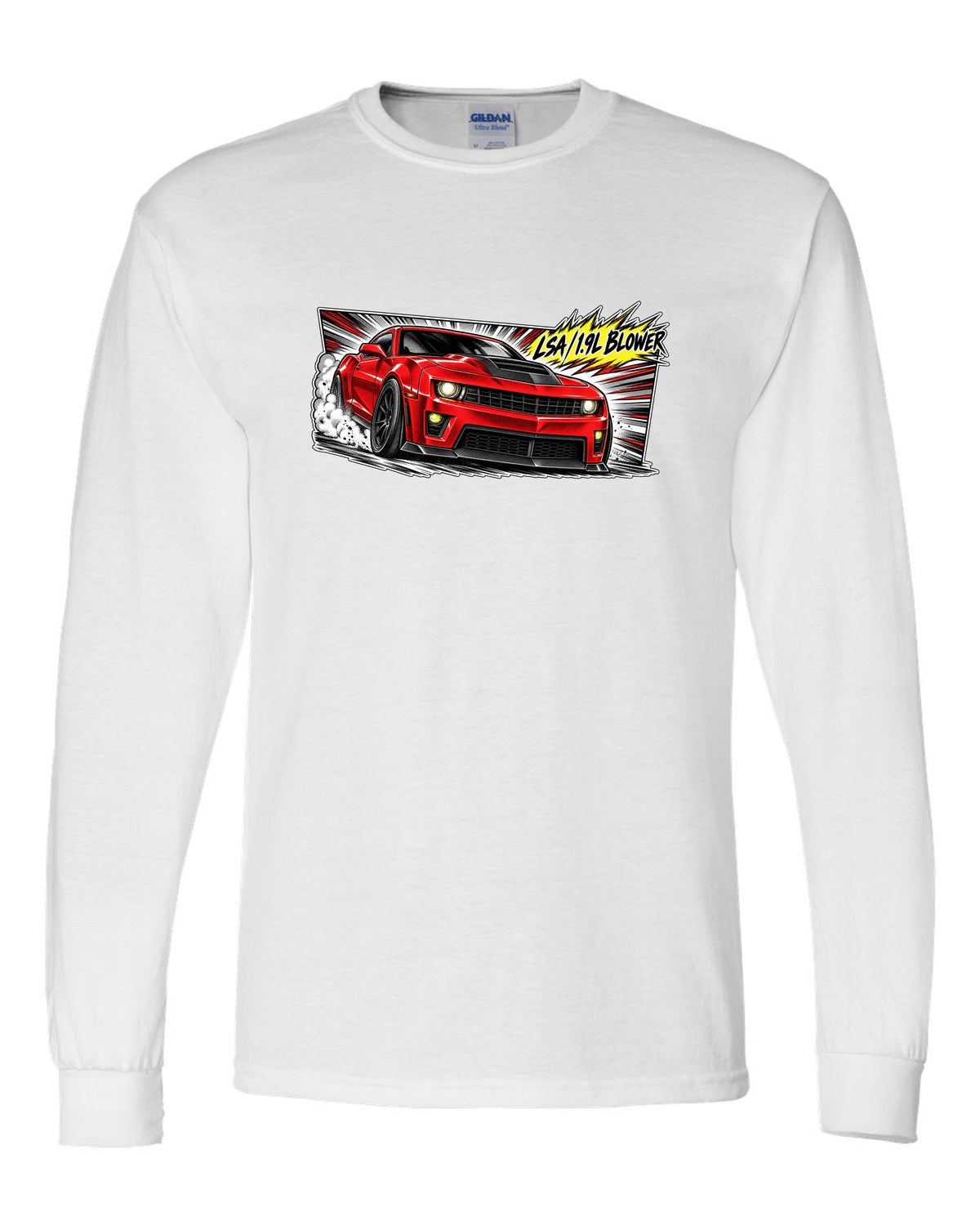 Retro manga panel with speed lines and screentone of a 2012 Chevrolet Camaro ZL1 white long sleeve front view with the design