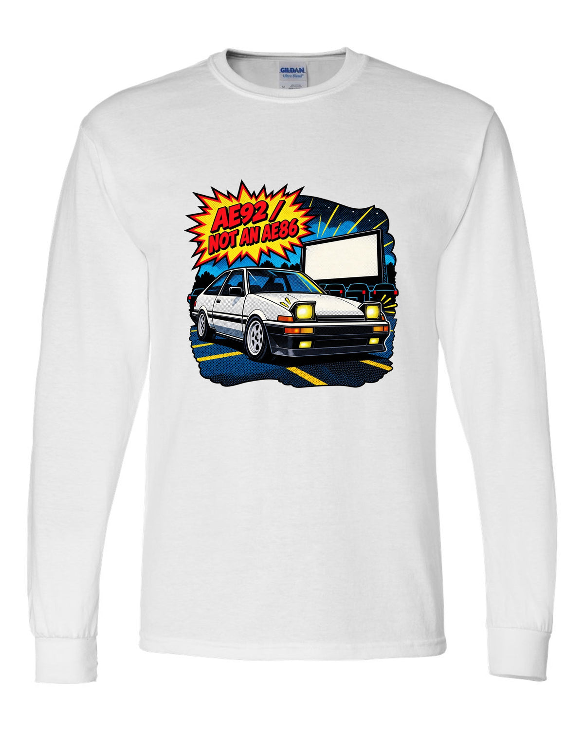 Comic halftone pop-art of a Toyota Corolla AE92 Trueno with the text AE92 Not an AE86 white long sleeve front view with the design