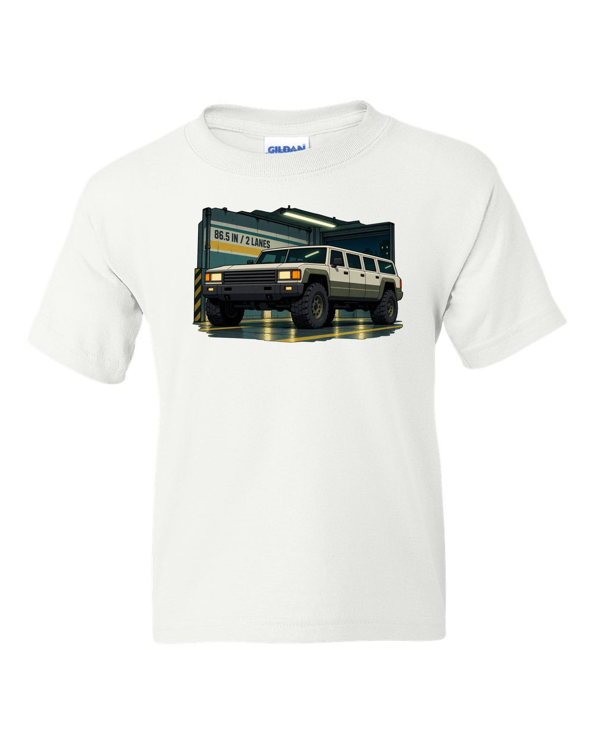 Cel-shaded 90s anime style Hummer H1 in a garage with 86.5 IN and 2 LANES text white kids tee front view with the design