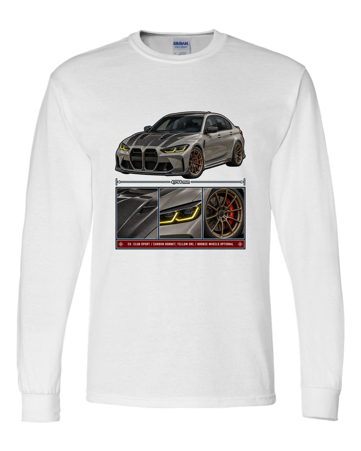BMW M3 CS G80 dossier panels print design white long sleeve front view with the design