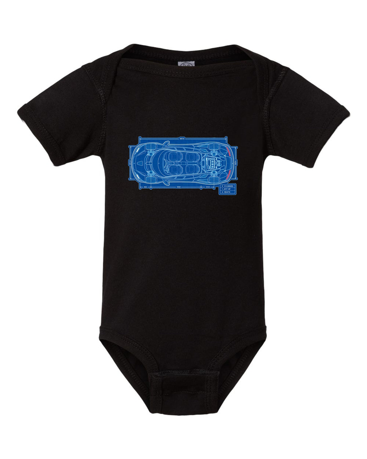 Technical blueprint print of the Koenigsegg Gemera seen from above with 3 cylinders and 4 seats lettering black baby onesie front view with the design