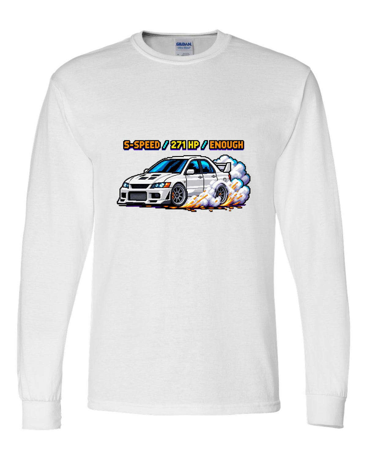 8-bit pixel art Mitsubishi Lancer Evolution VIII CT9A with launch control stats white long sleeve front view with the design