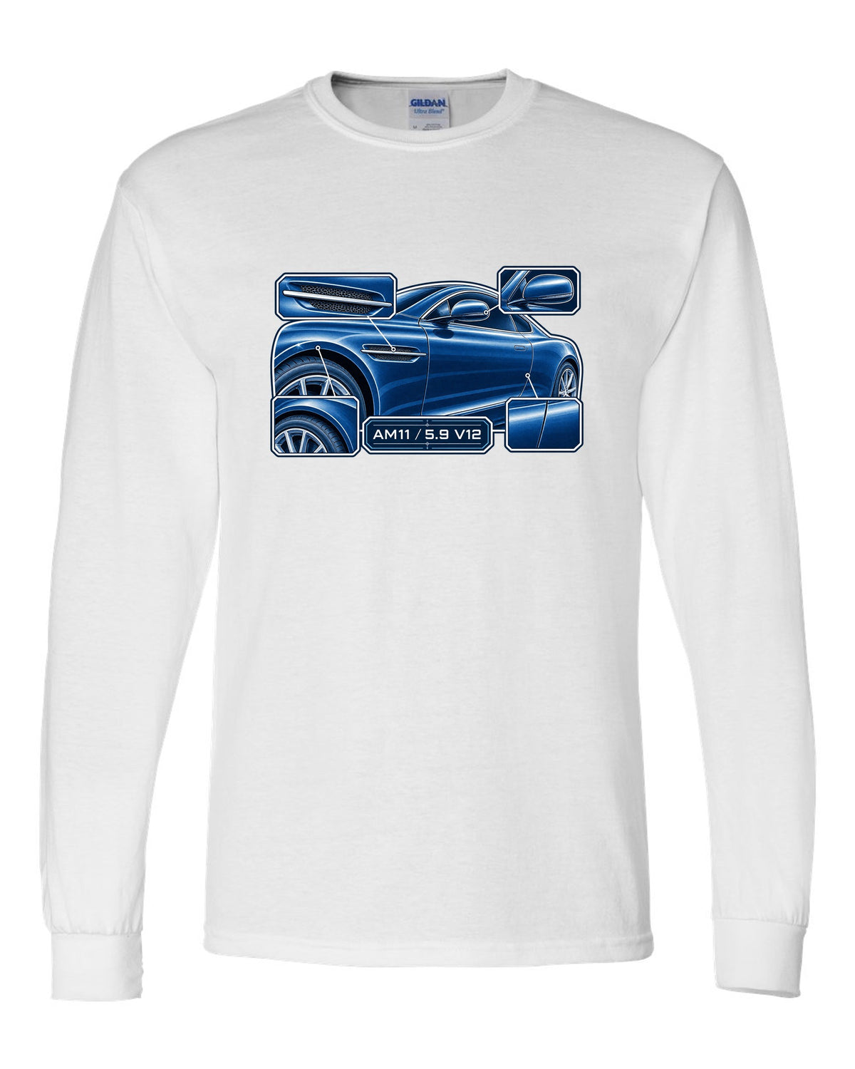 Aston Martin DB9 cyanotype blueprint with AM11 5.9 V12 lettering white long sleeve front view with the design