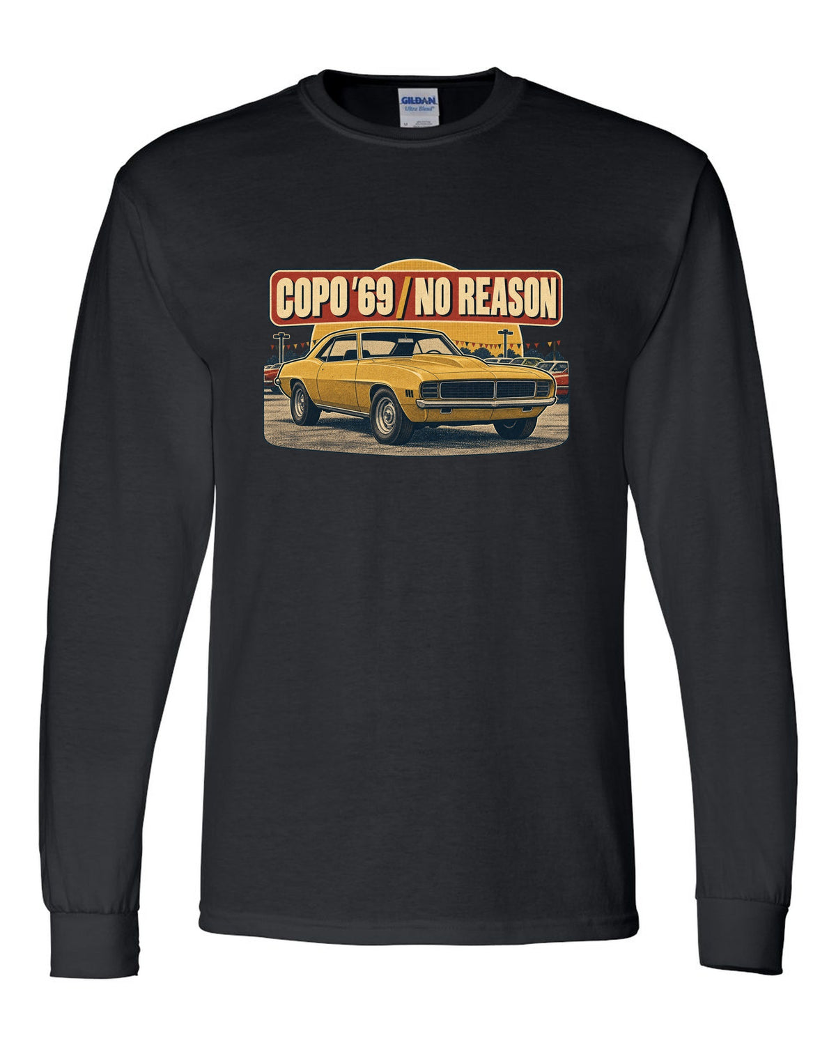 1970s catalogue ad layout with halftone shading of a 1969 Chevrolet Camaro COPO-style coupe black long sleeve front view with the design